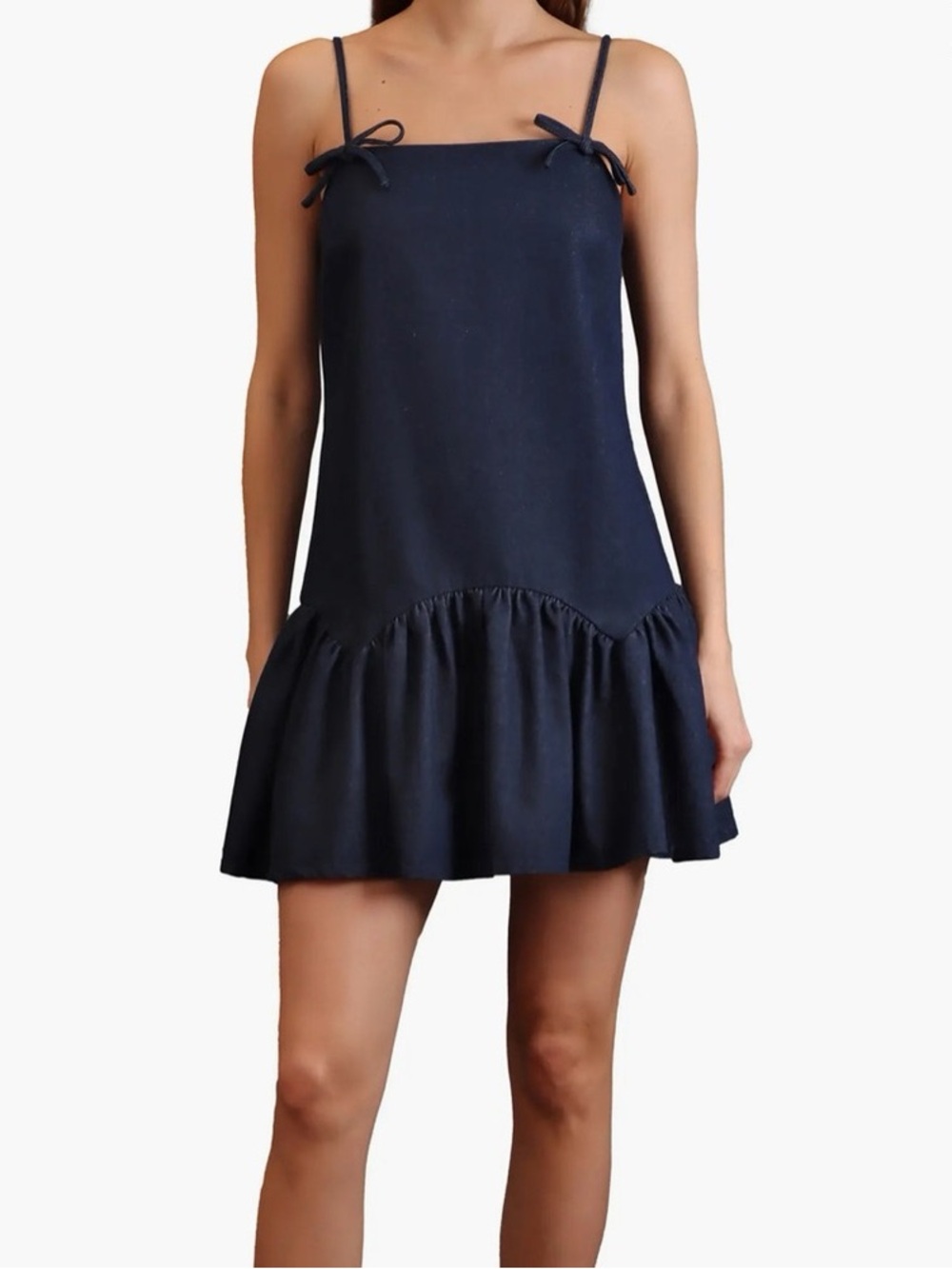 NWT Avec Les Filles Sz M Denim Rinse Wash Baby Doll Mini Dress w/ Bows $145 MSRP